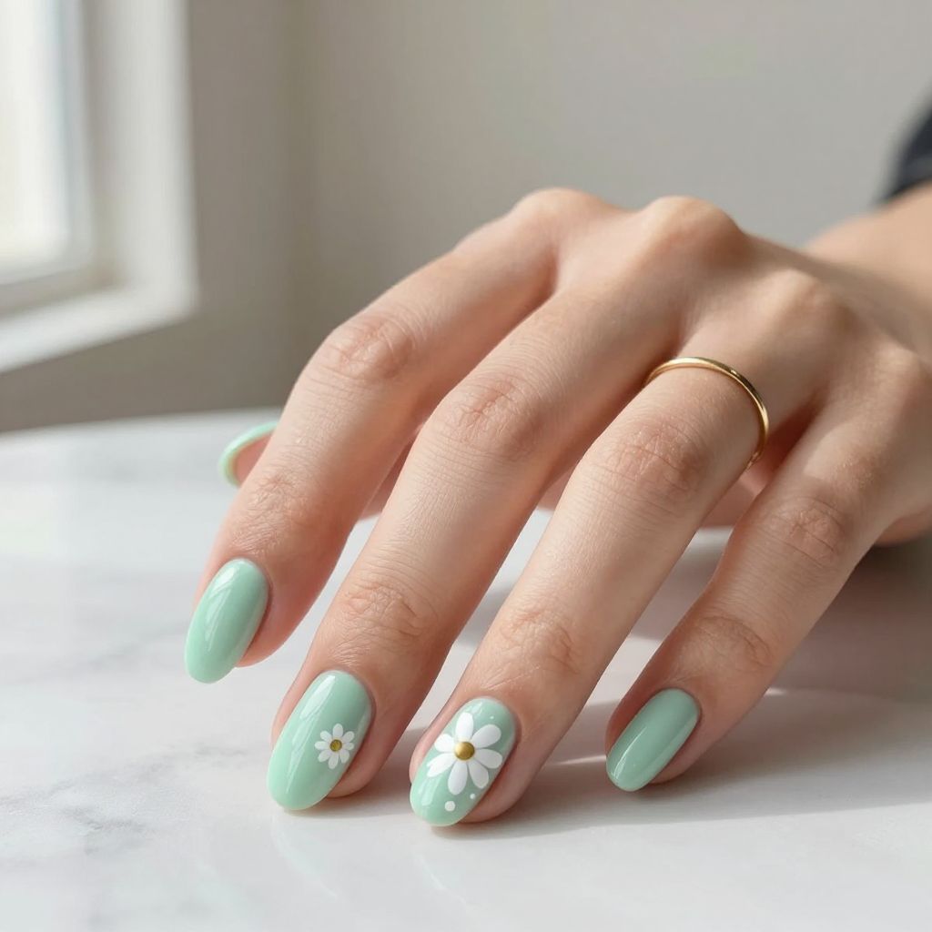 Mint Daisy Nails