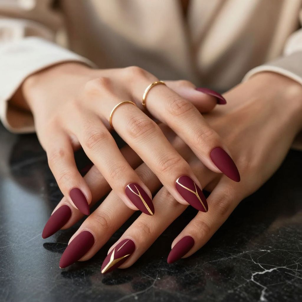 Deep Burgundy Stiletto Nails with Gold Geometric Lines