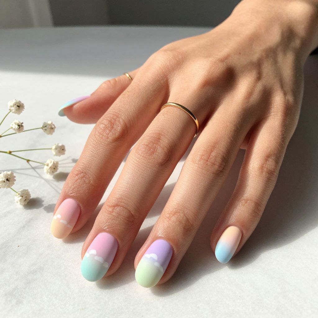 Pastel Rainbow Ombre Short Round Nails