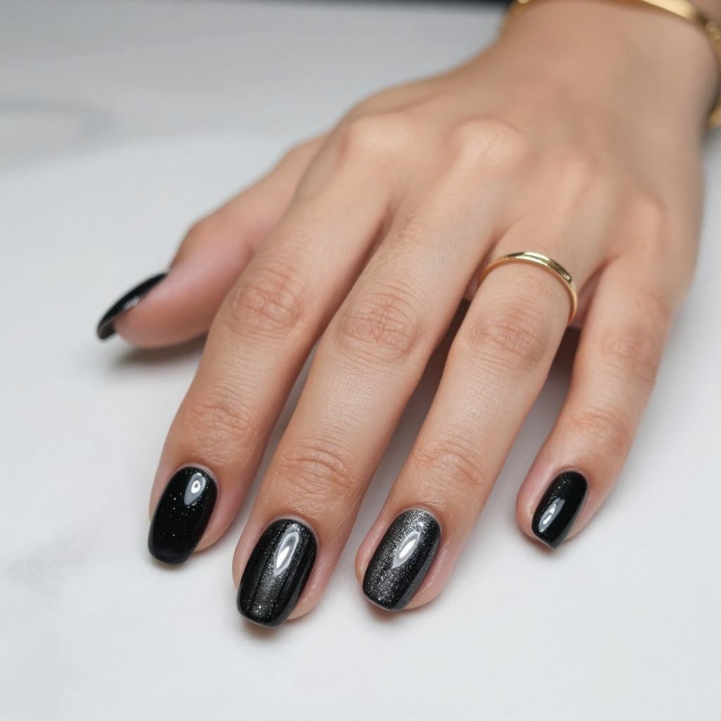 Black Cat Eye Chrome Oval Nails