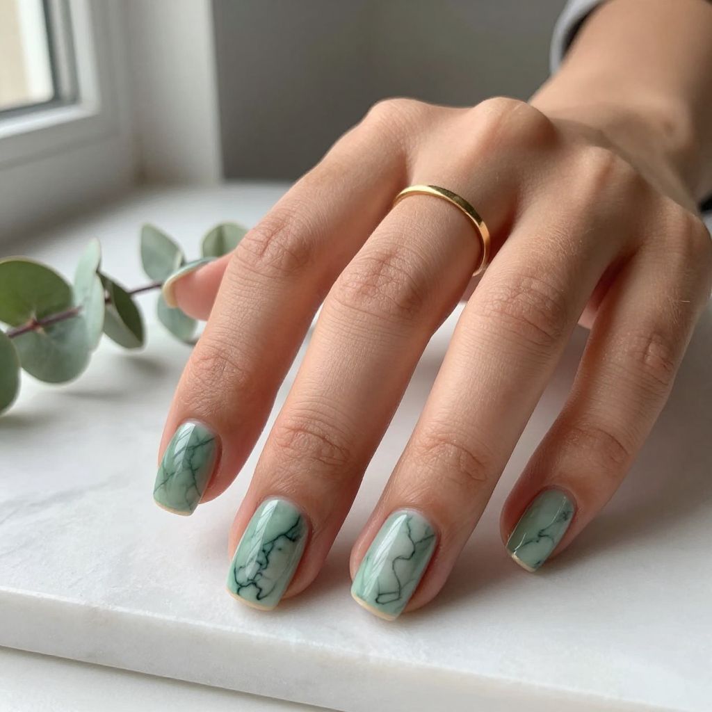 Sage Green Marble Square Nails