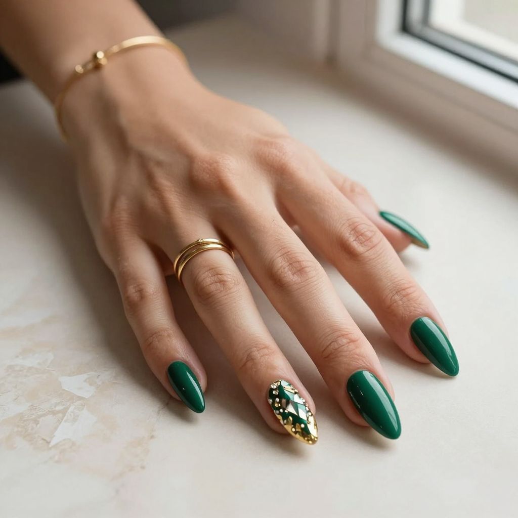 Emerald Green Deep Jewel Tone Stiletto Nails