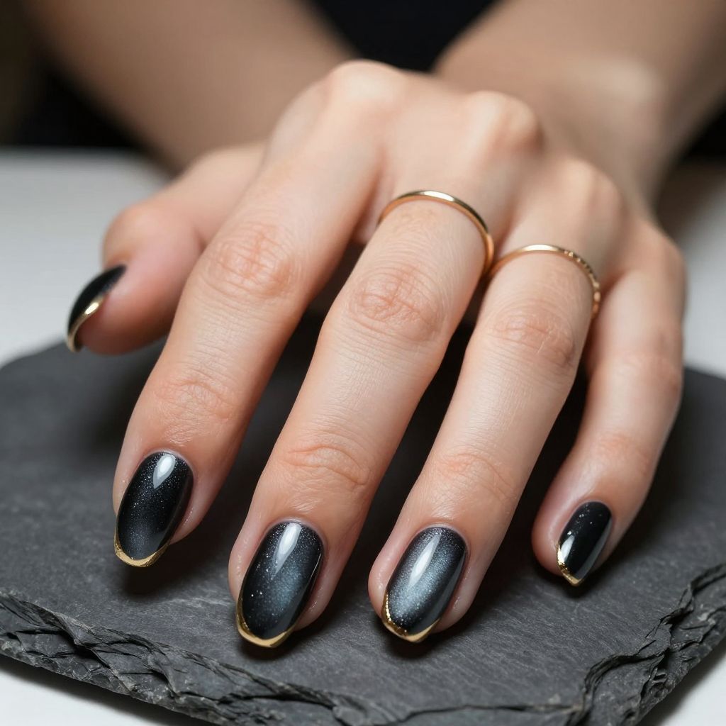 Black Cat Eye Nails With Gold Details