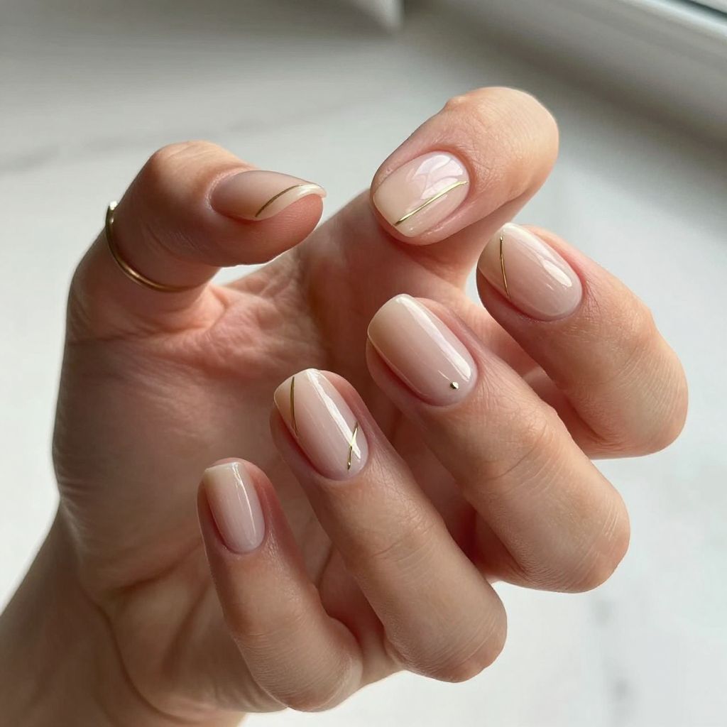 Nail Art Ideas For Short Nails - Soft Milky Nude With Fine Gold Lines