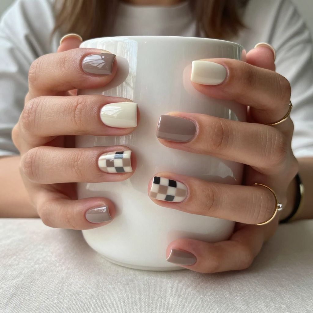 Nail Art Ideas For Short Nails - Checkerboard With Neutral Tones