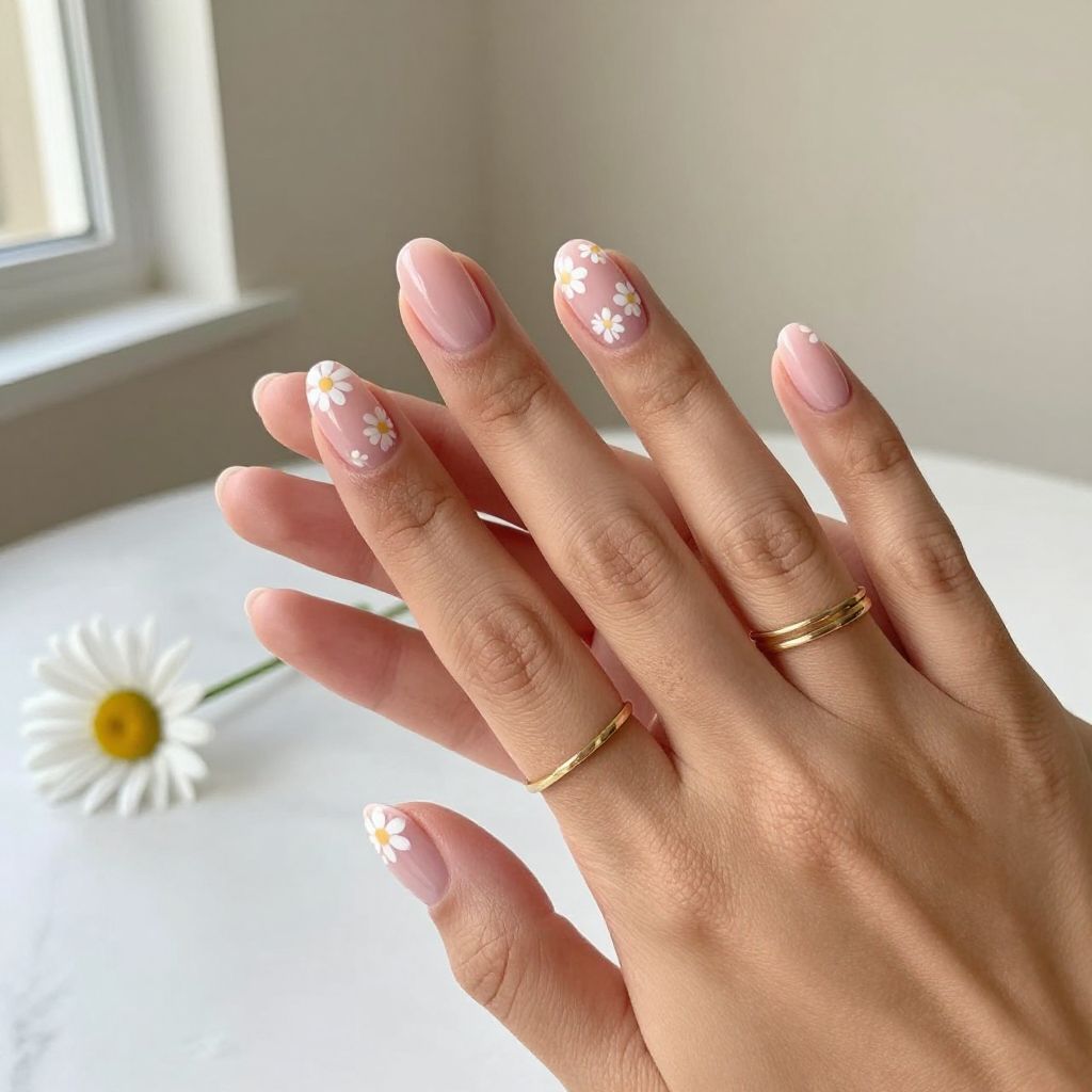 Nail Art Ideas For Short Nails - Daisy Accents On Sheer Pink