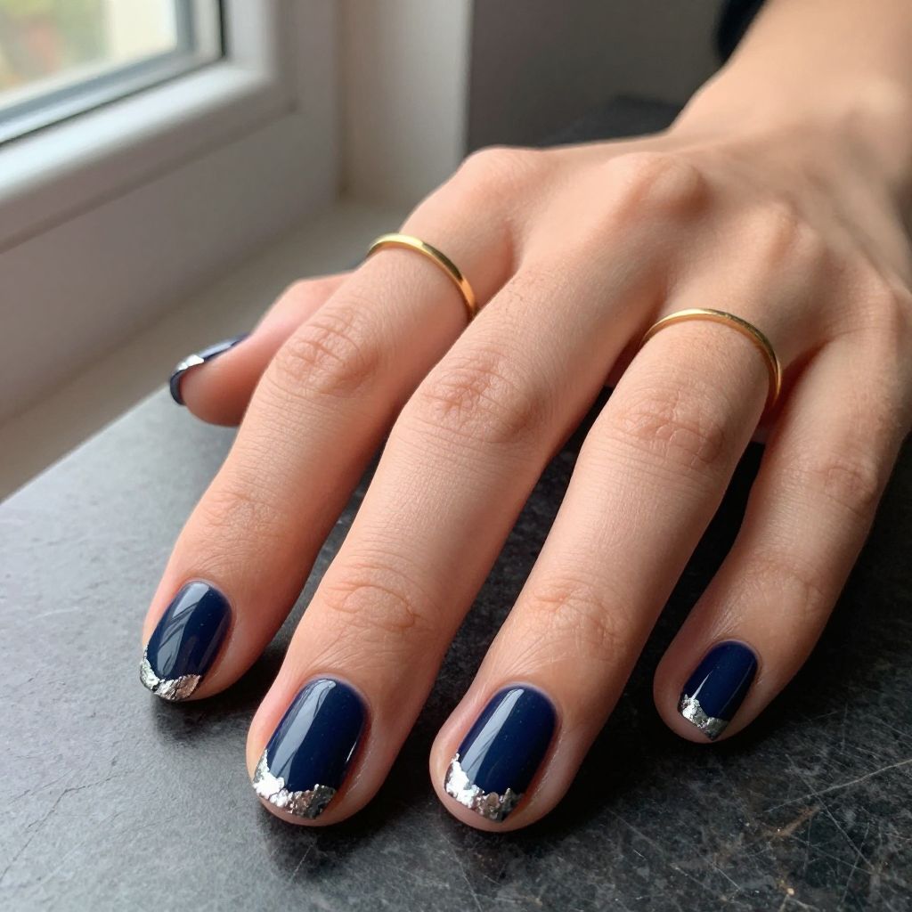 Nail Art Ideas For Short Nails - Deep Navy With Silver Foil