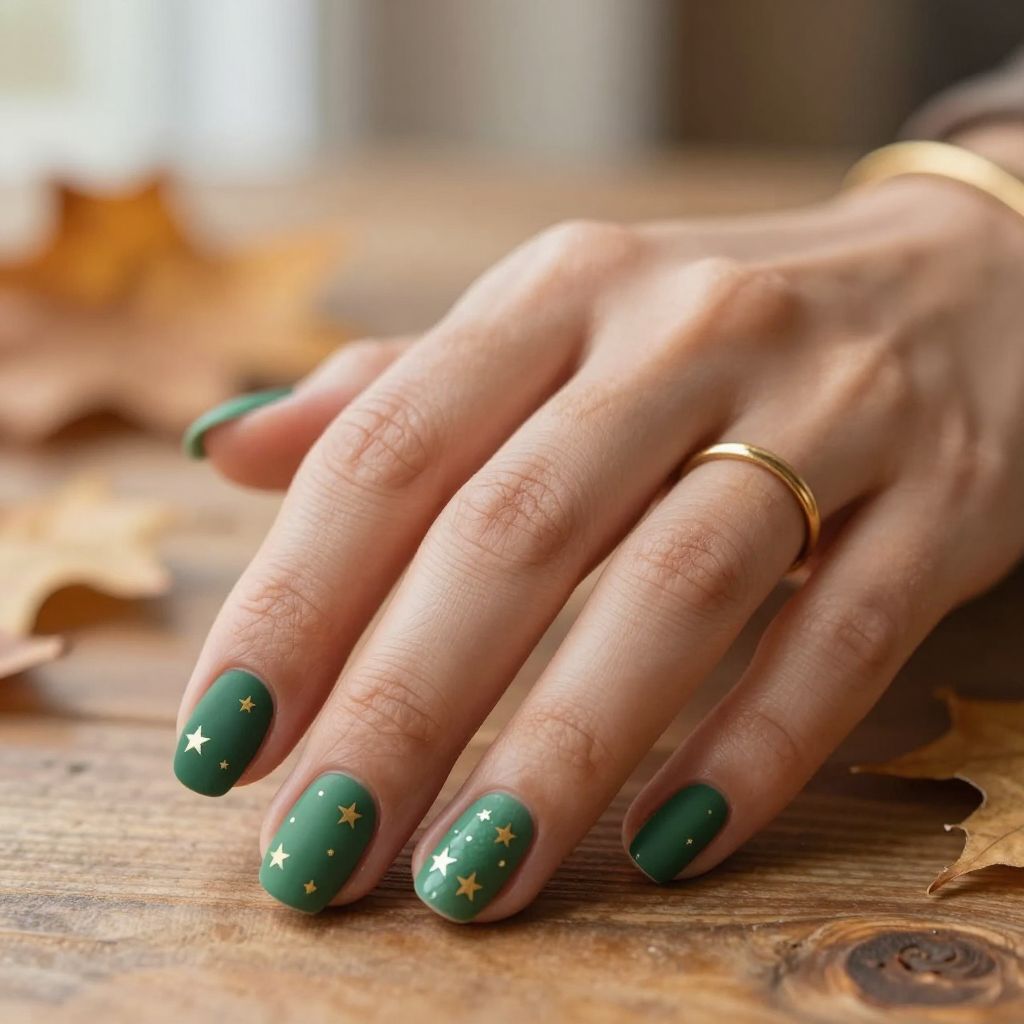 Nail Art Ideas For Short Nails - Matte Forest Green With Tiny Stars