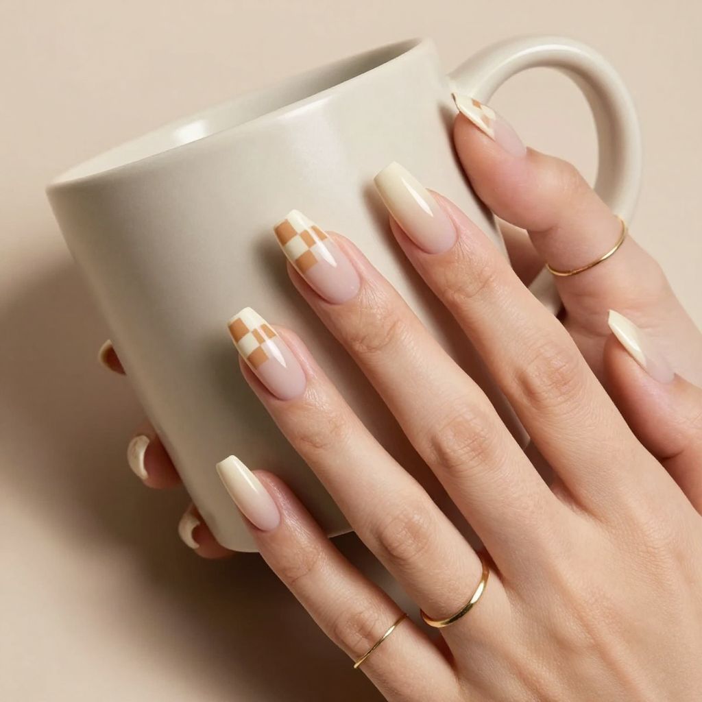 Micro checkerboard nude nails