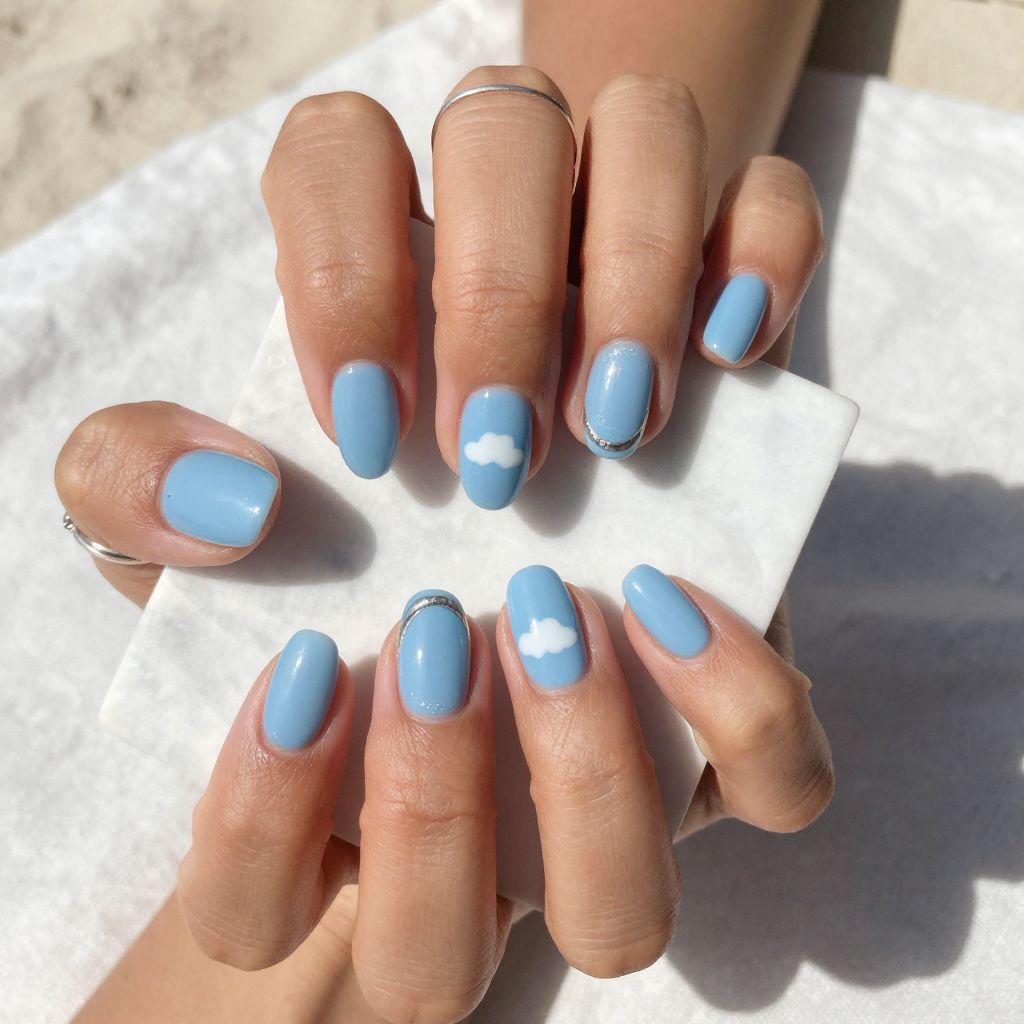 Sky Blue Short Almond Nails