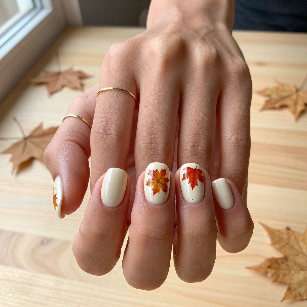 Cream Base with Fall Leaf Nail Art