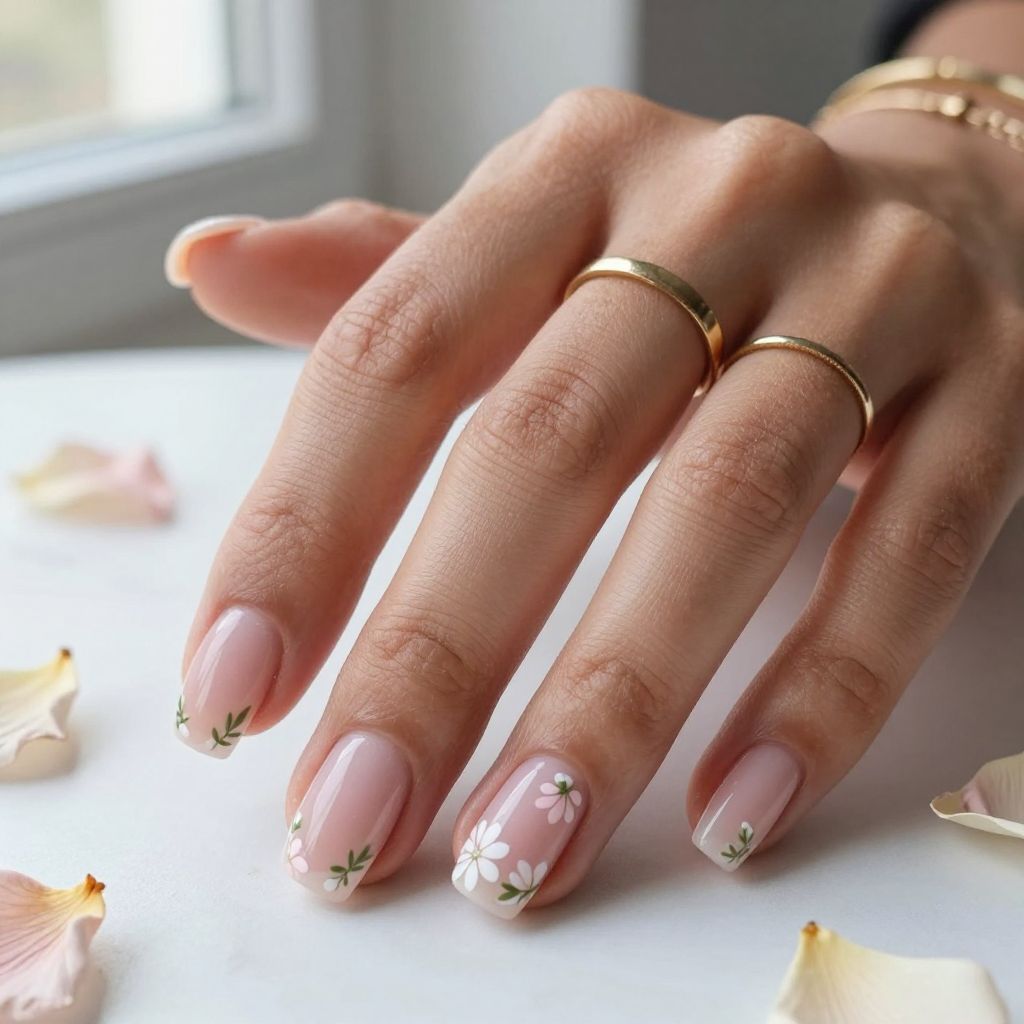Square Nails With Floral Tips