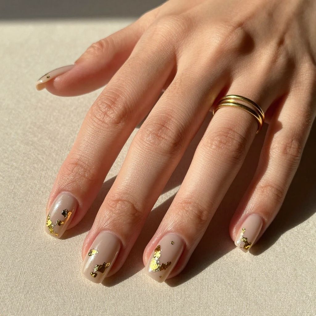 Nude Square Nails With Gold Foil