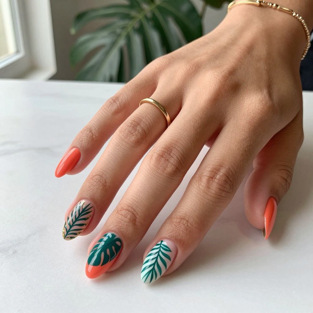 Vibrant Coral With Tropical Leaf Details