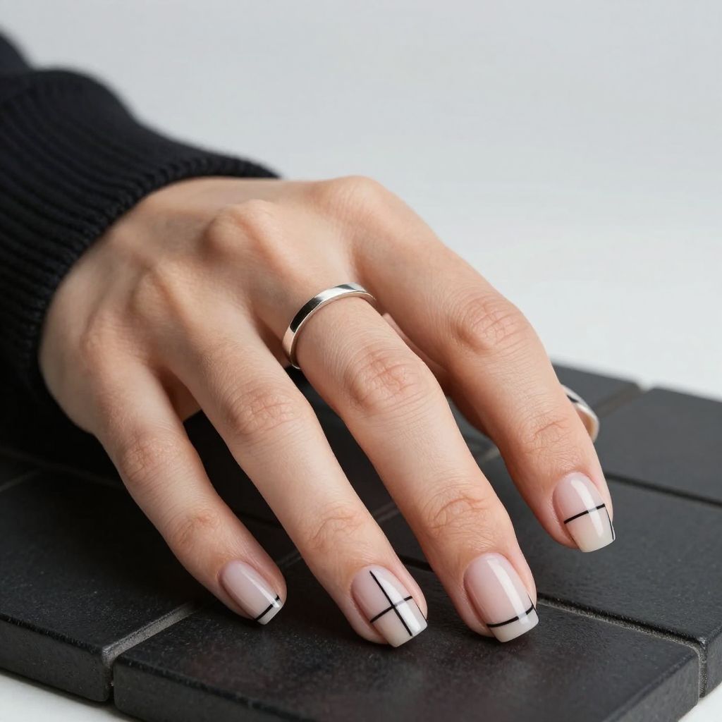 Black negative space grid square nails