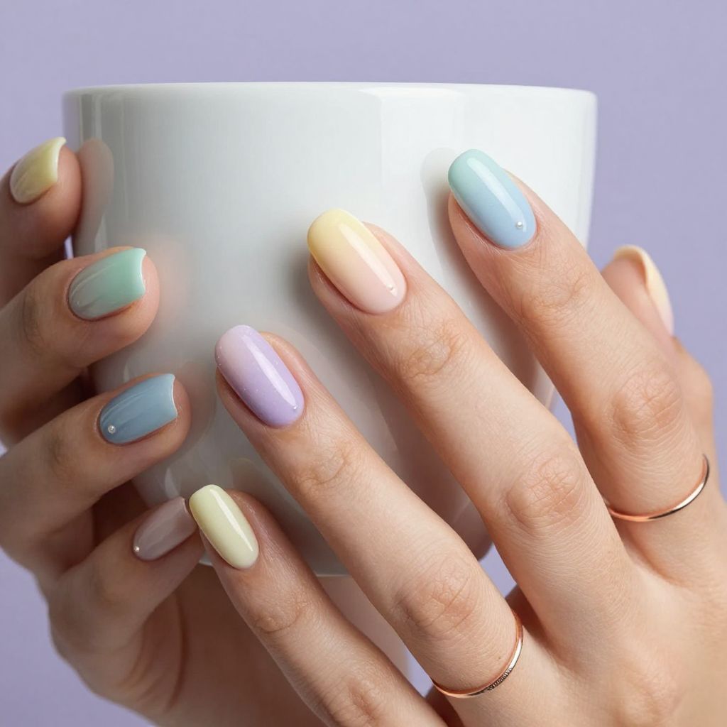 Pastel rainbow skittle short squoval nails