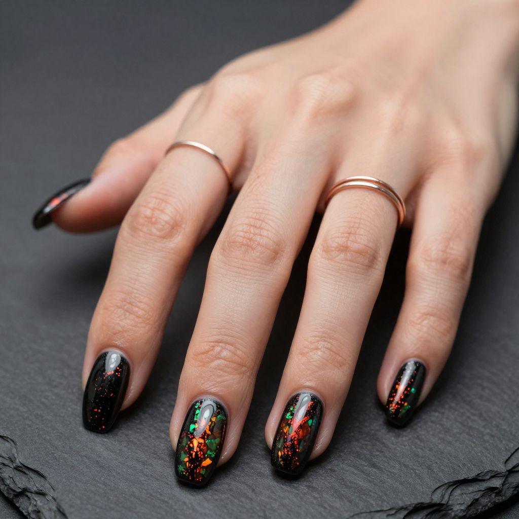 Fire opal foil long coffin nails