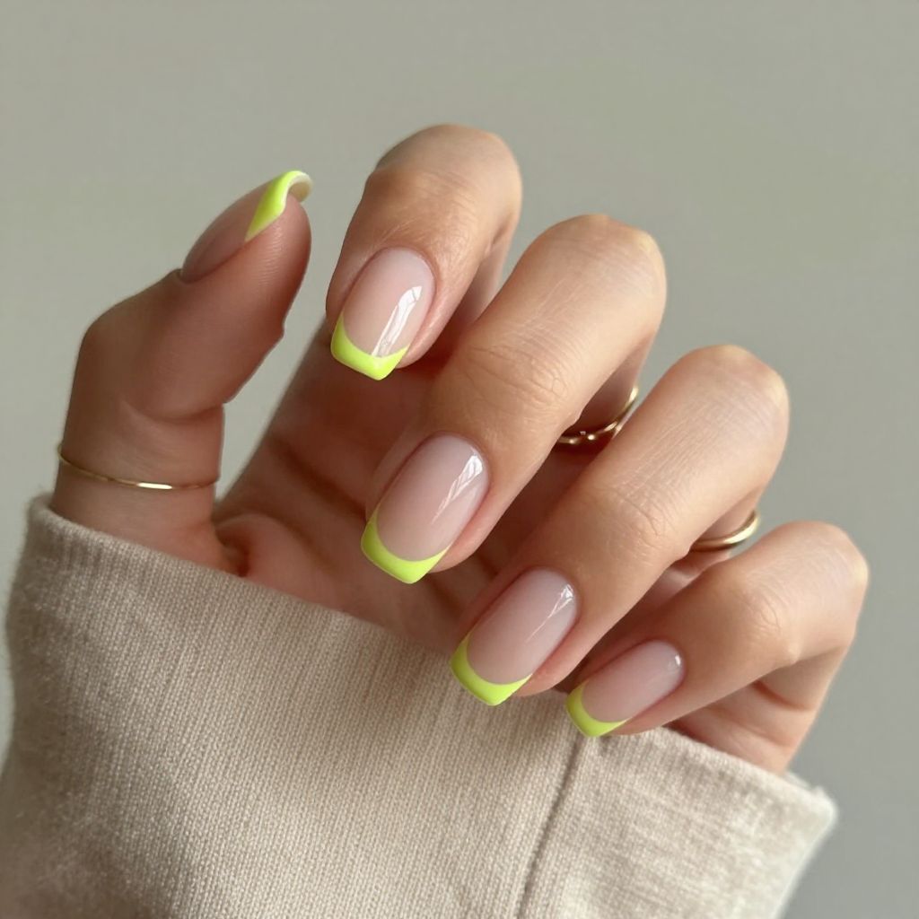 Micro French neon lime ballerina nails