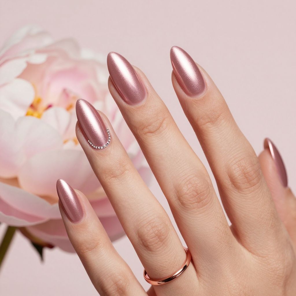 Rose chrome mirror stiletto nails with rhinestones