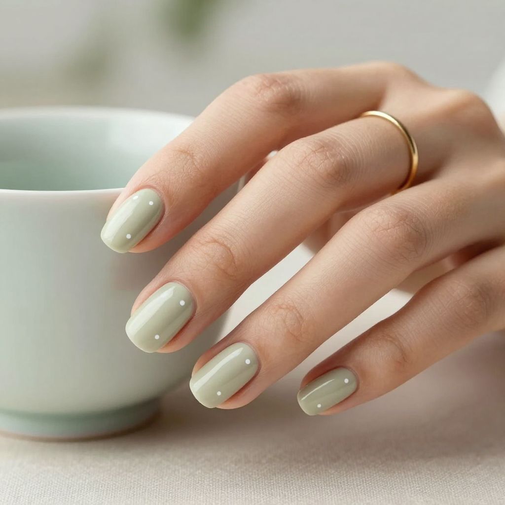 Soft sage nails with minimal white dots