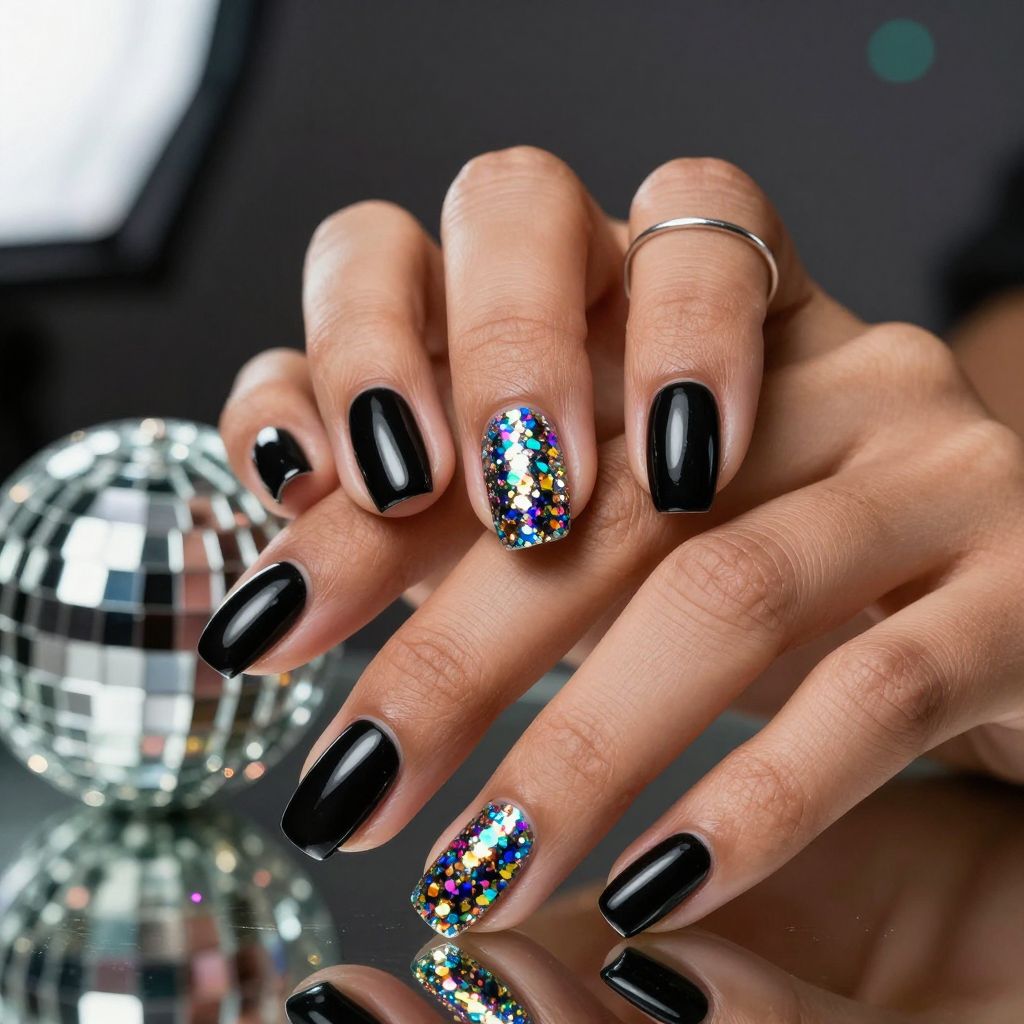 Black nails with holographic confetti glitter
