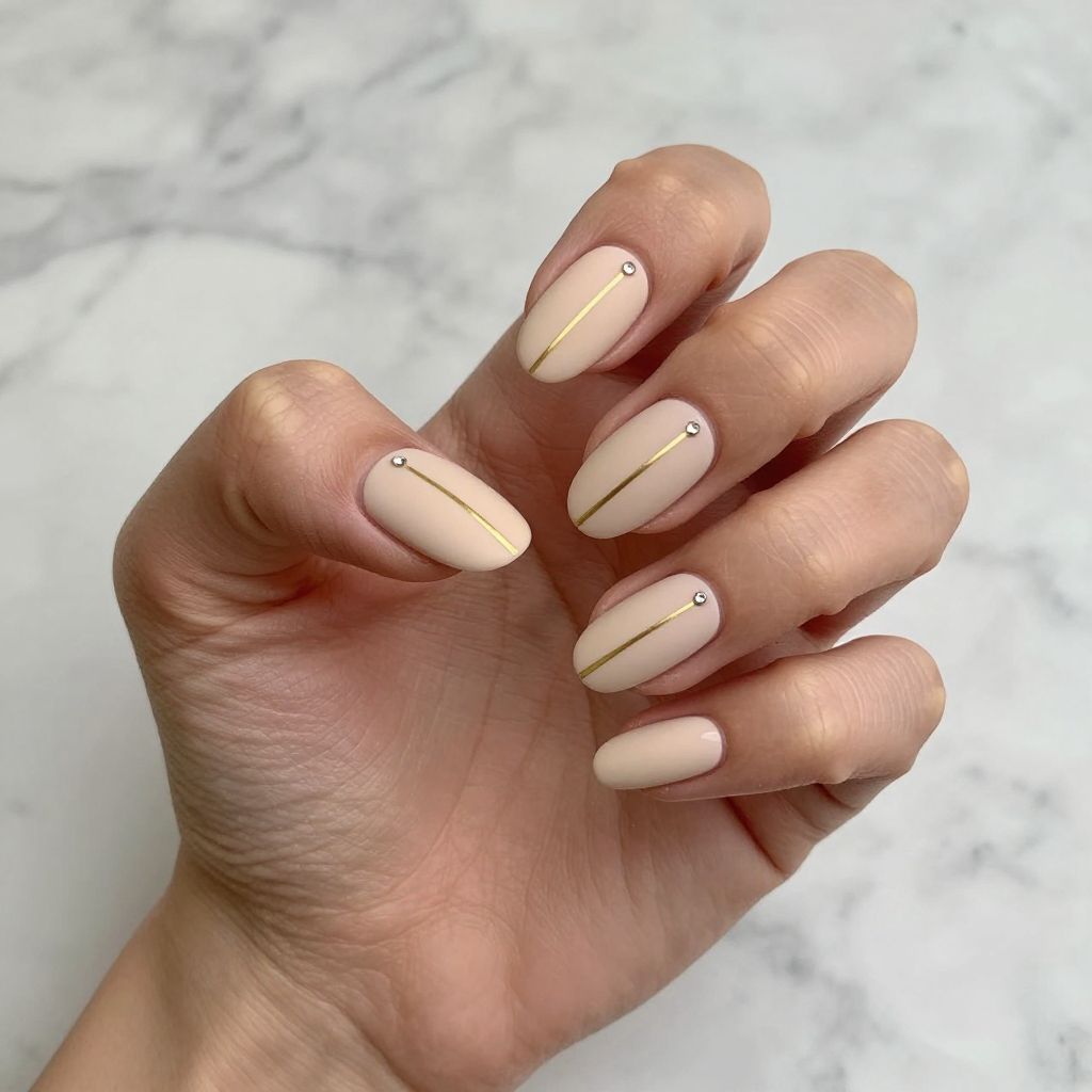 Simple nail designs Soft Nude with Delicate Gold Accent Line