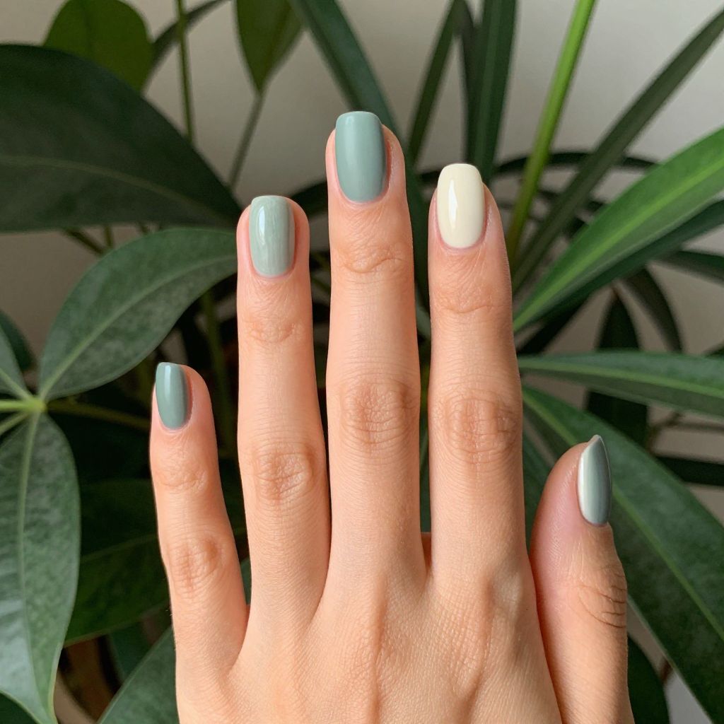 Simple nail designs Sage Green Base with Cream Accent Nail