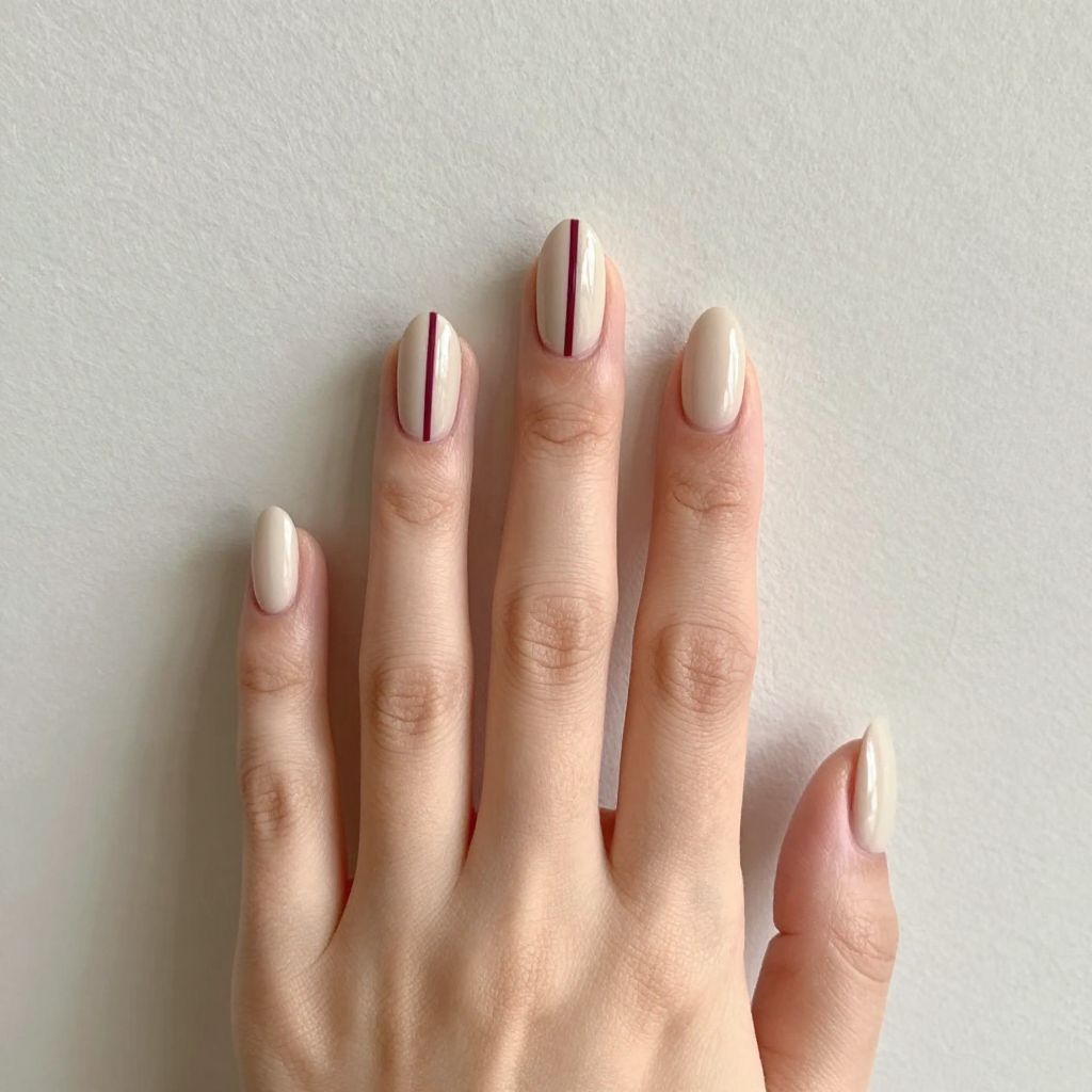 Simple nail designs Soft Cream with Thin Burgundy Stripe