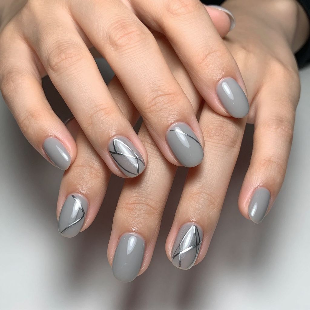Simple nail designs Soft Gray with Metallic Silver Accent