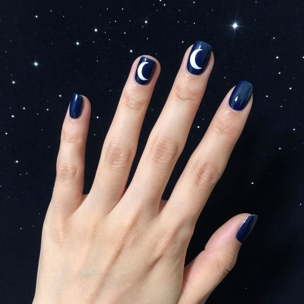 Simple nail designs Deep Navy with White Crescent Moon Detail