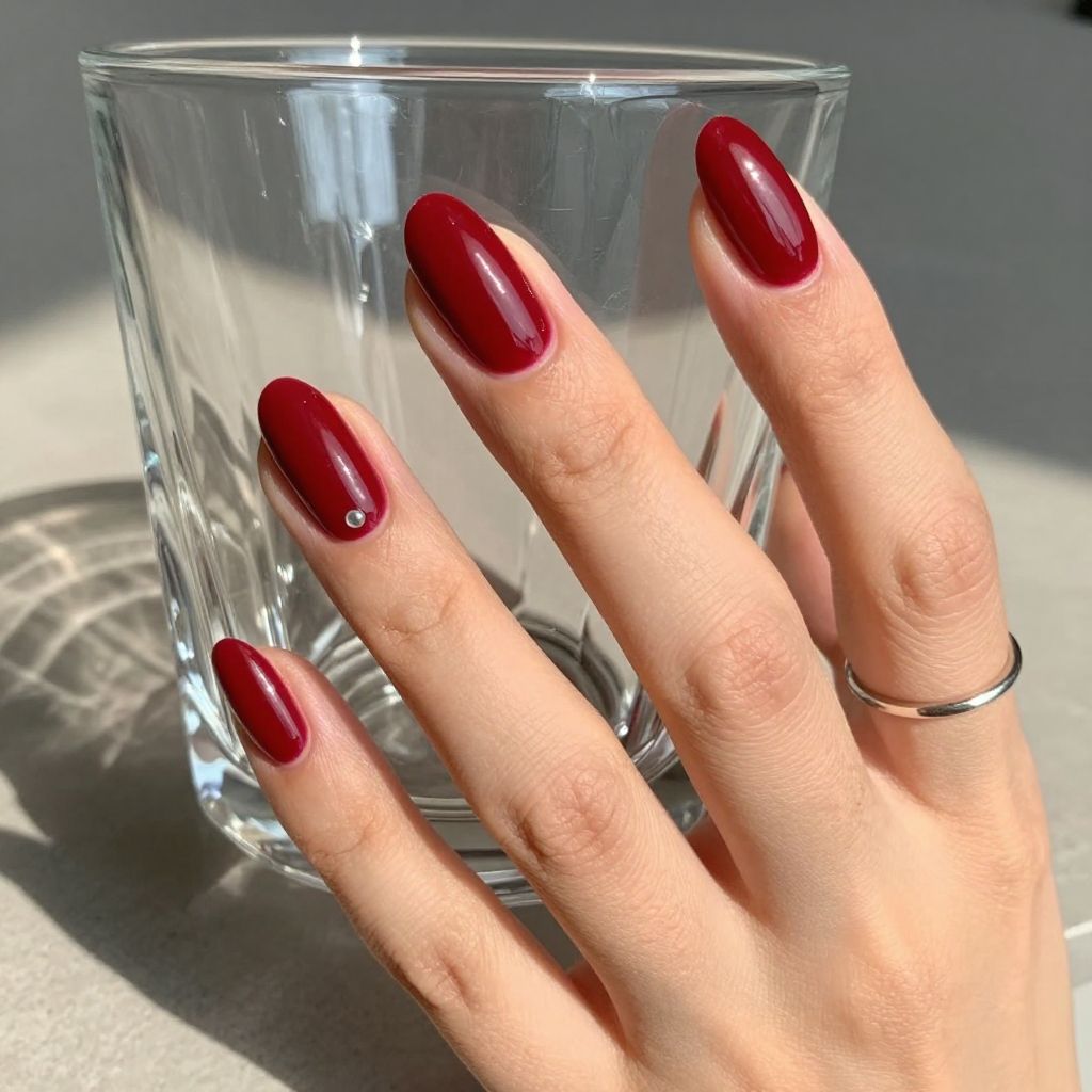 Glossy cherry red almond nails
