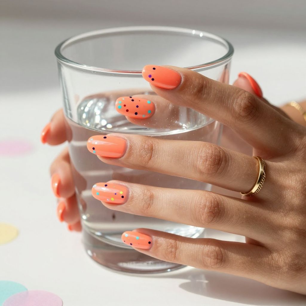 Coral confetti almond nails