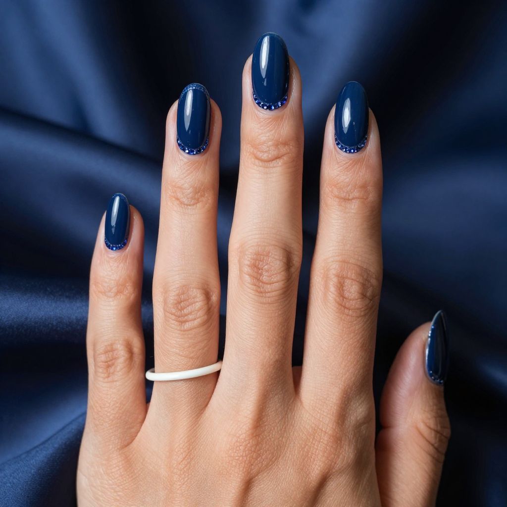 Navy almond nails with sapphire rhinestones