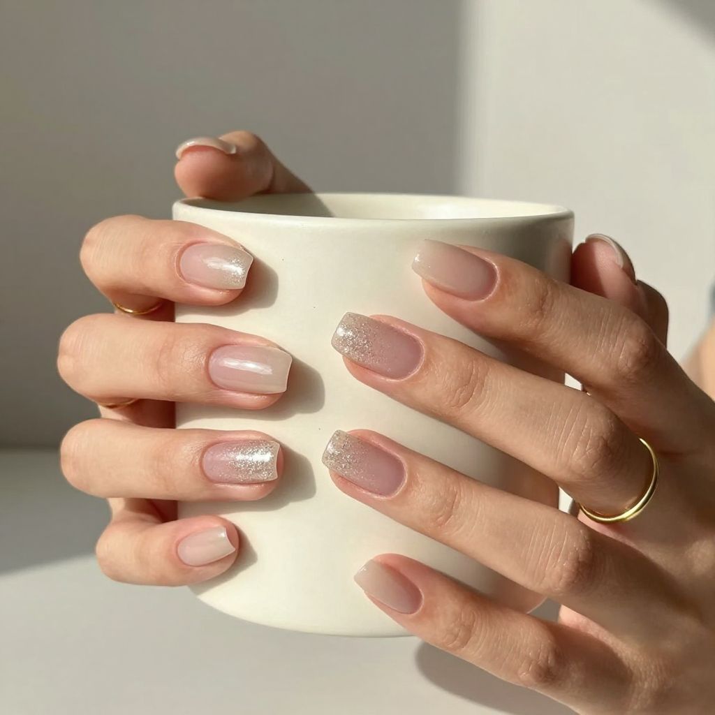 Nude almond nails with micro glitter fade