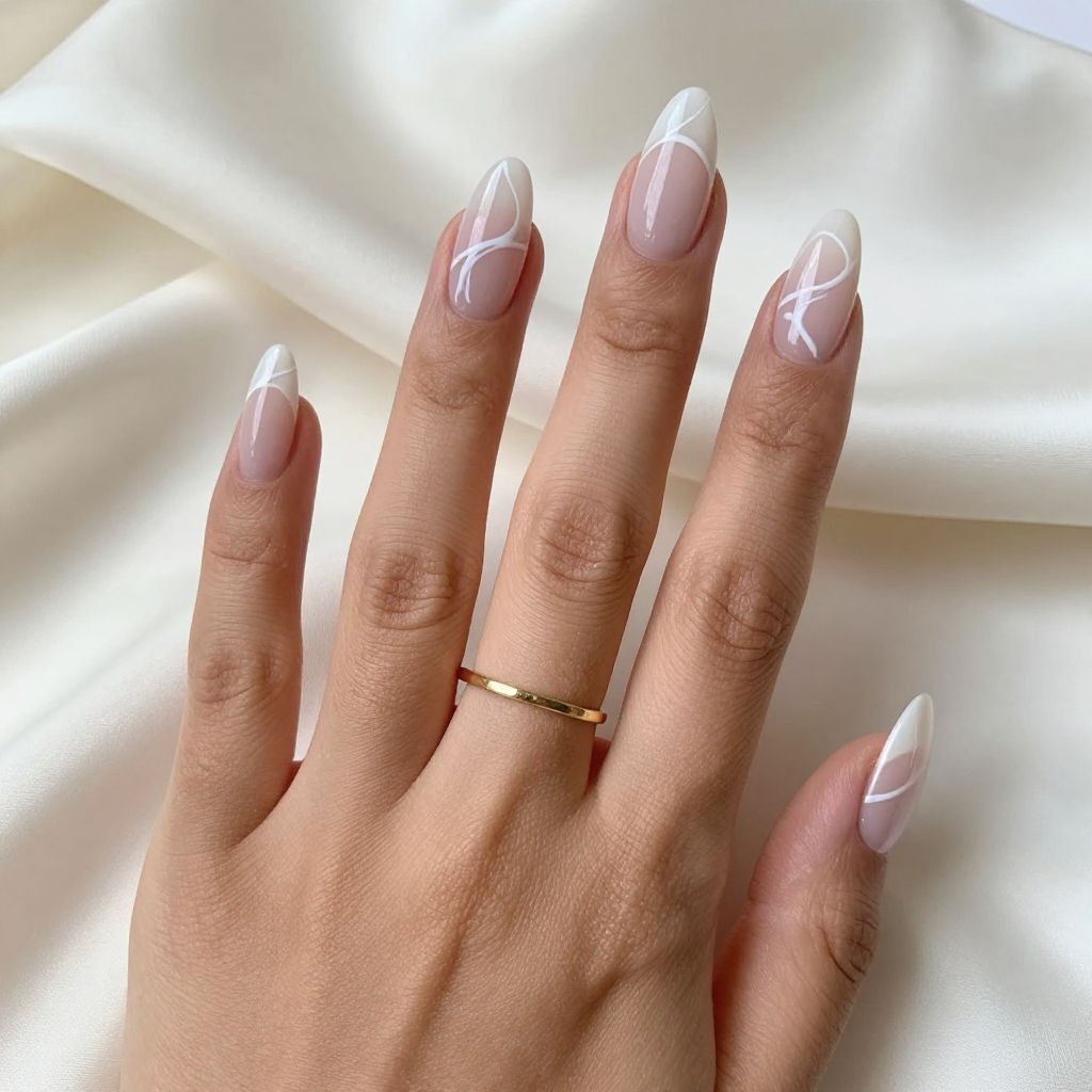Milky white swirl almond nails