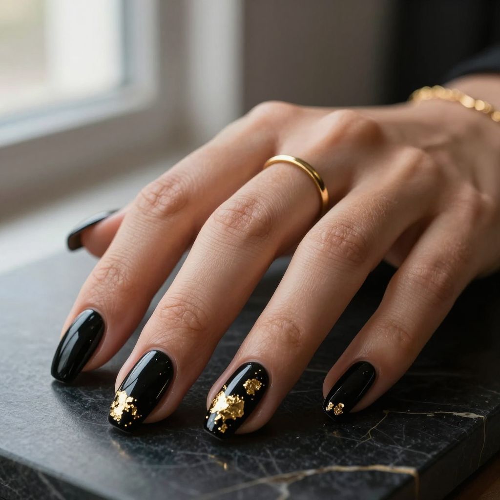 Black and gold foil almond nails
