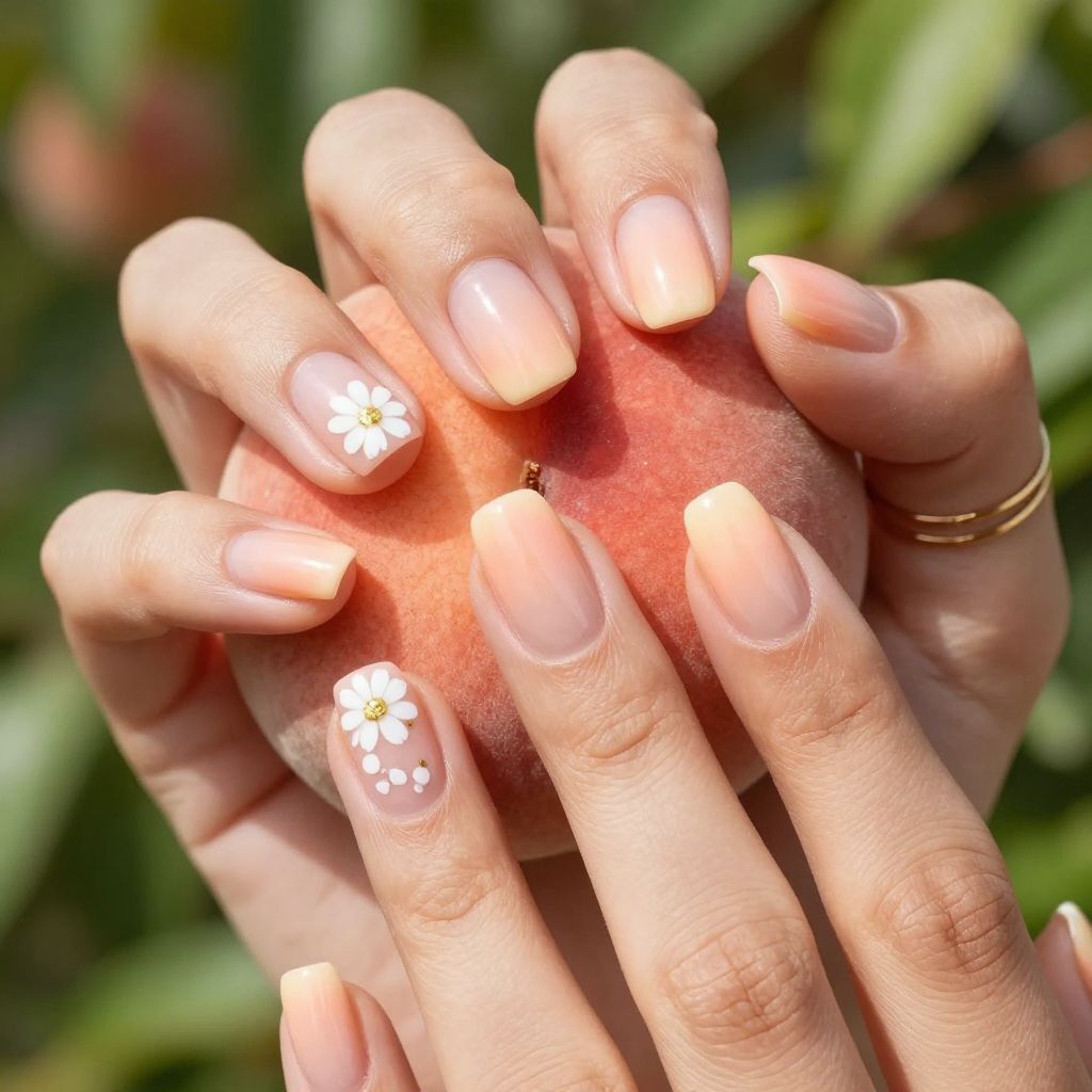 Peach almond nails with daisy accents