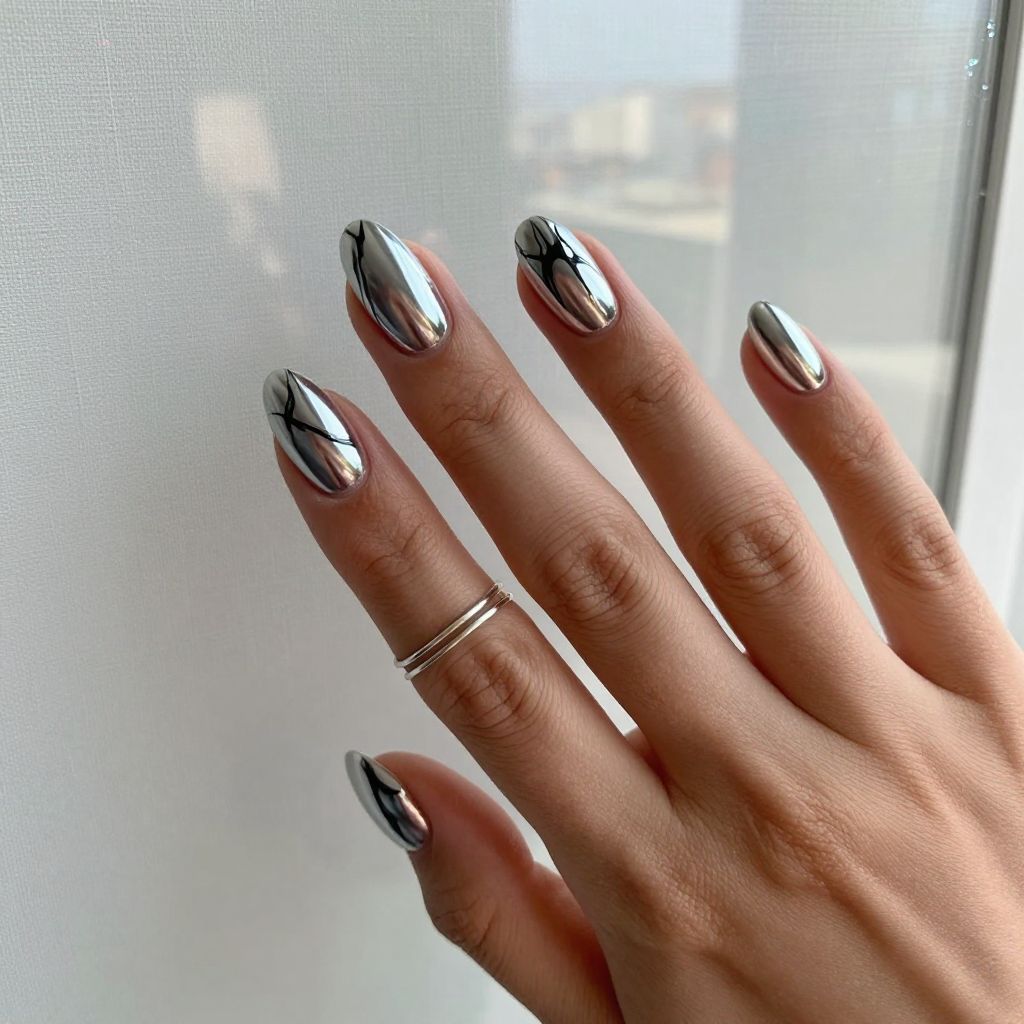 Chrome Silver with Black Marble Swirls