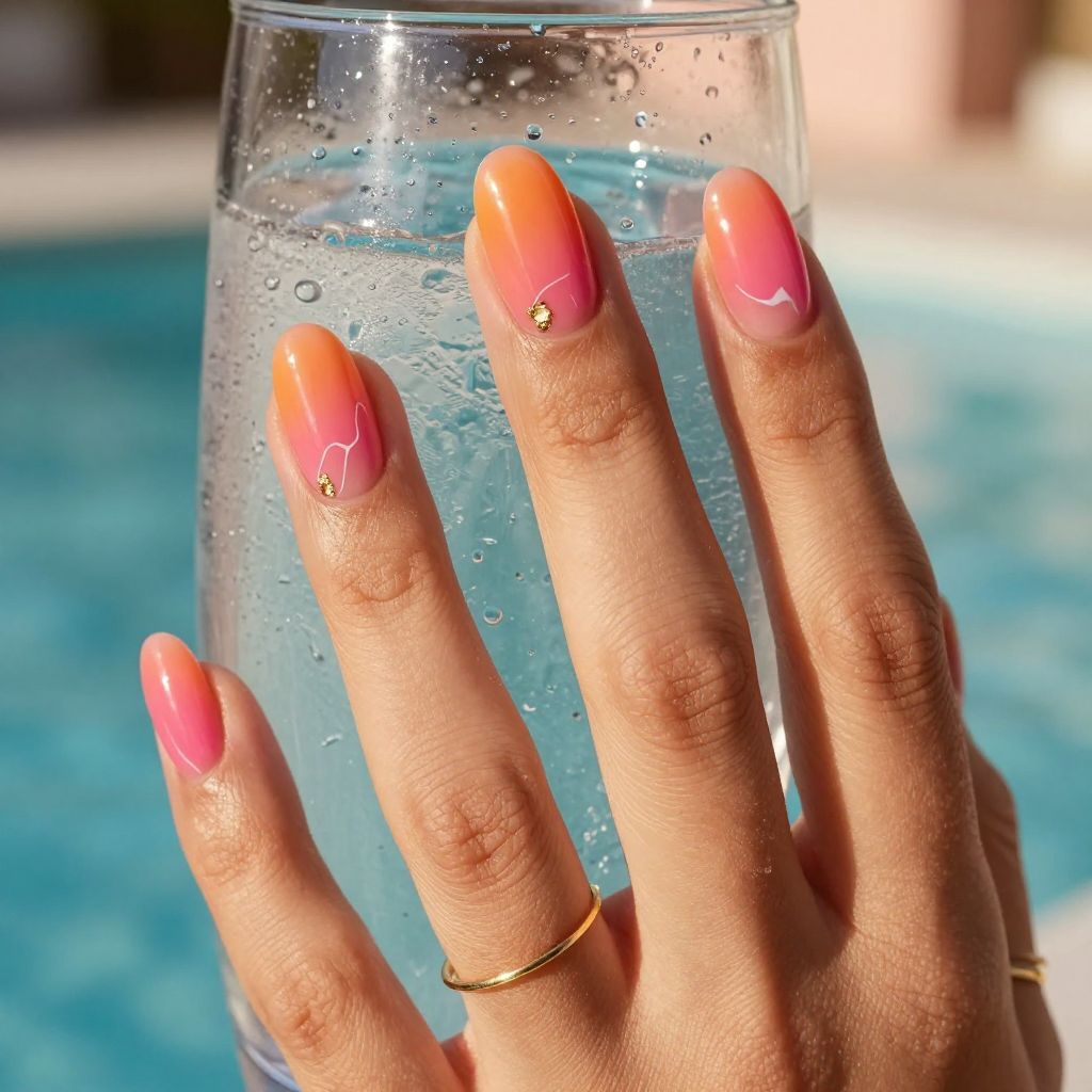 Sunset gradient glow nails in coral pink and orange