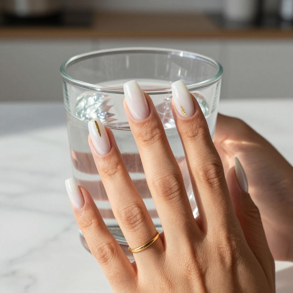 Minimalist gold strip on milky white nails