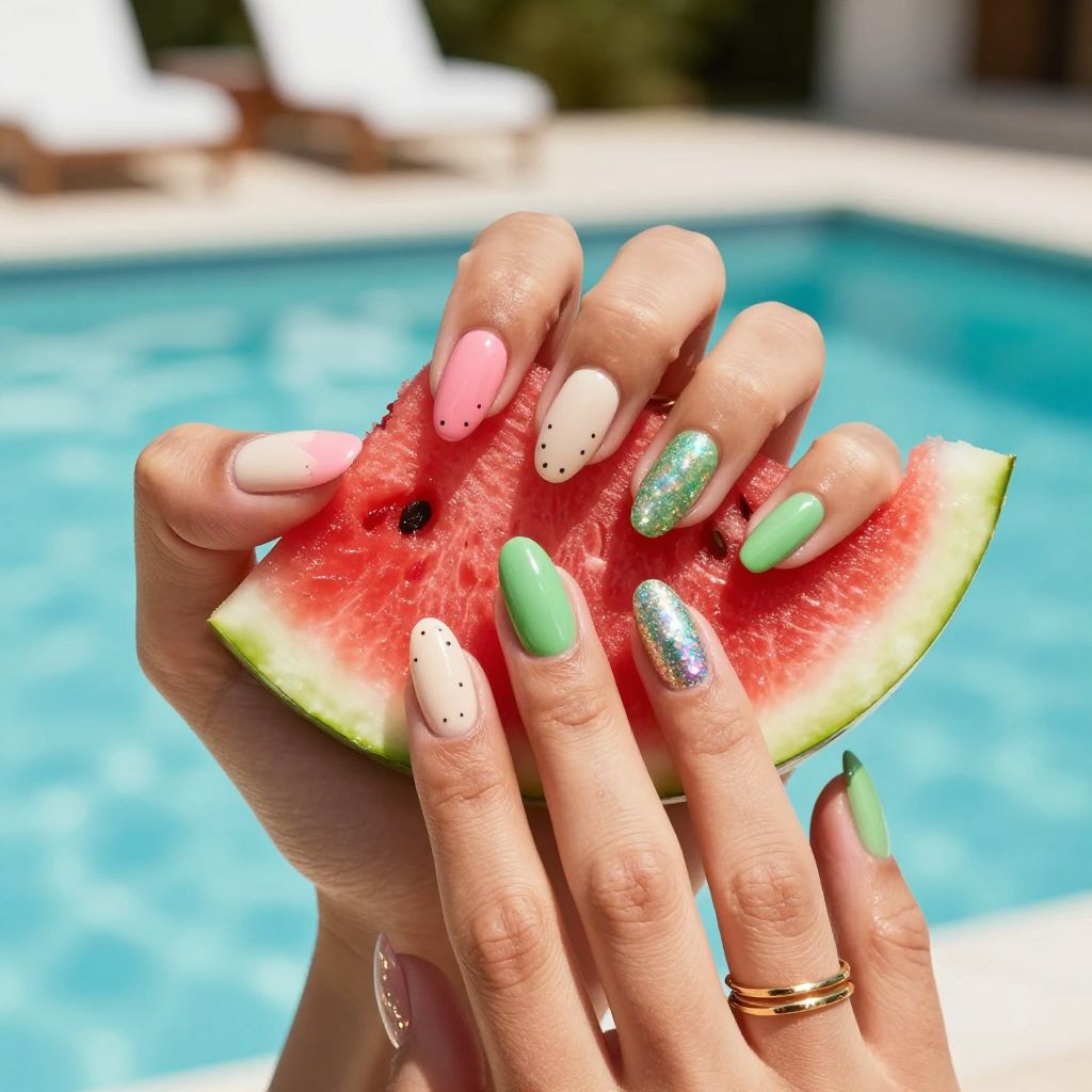 Watermelon inspired pink and green nails