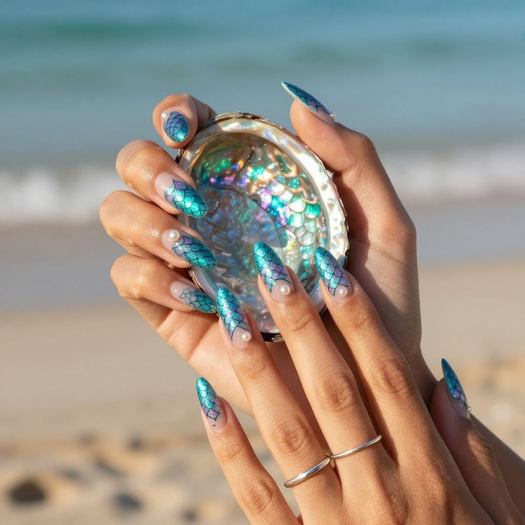 Mermaid scale teal and purple nail design