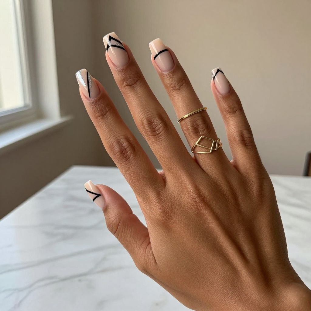 Black And Nude Geometric Nails