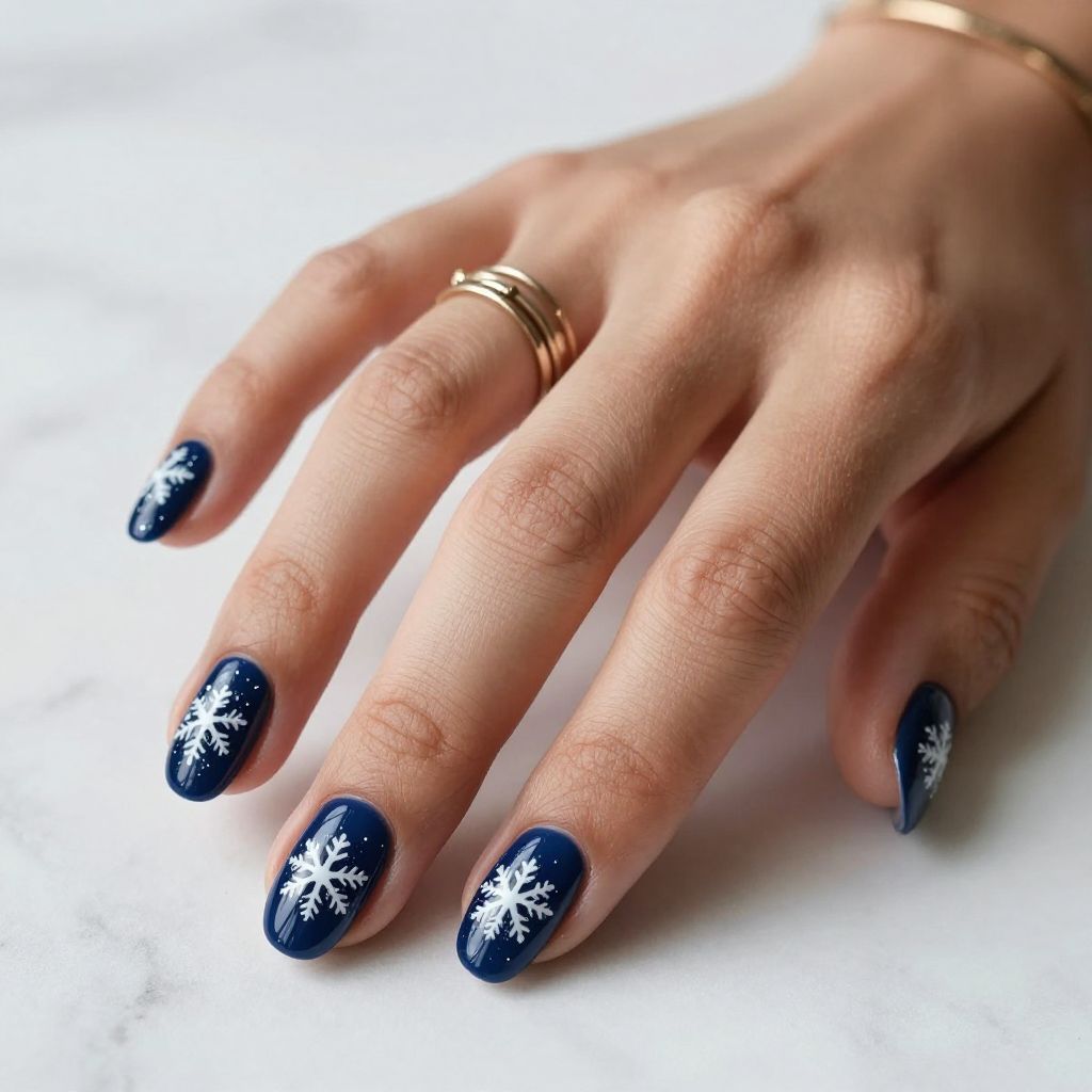 Deep Navy with White Snowflake Nail Art
