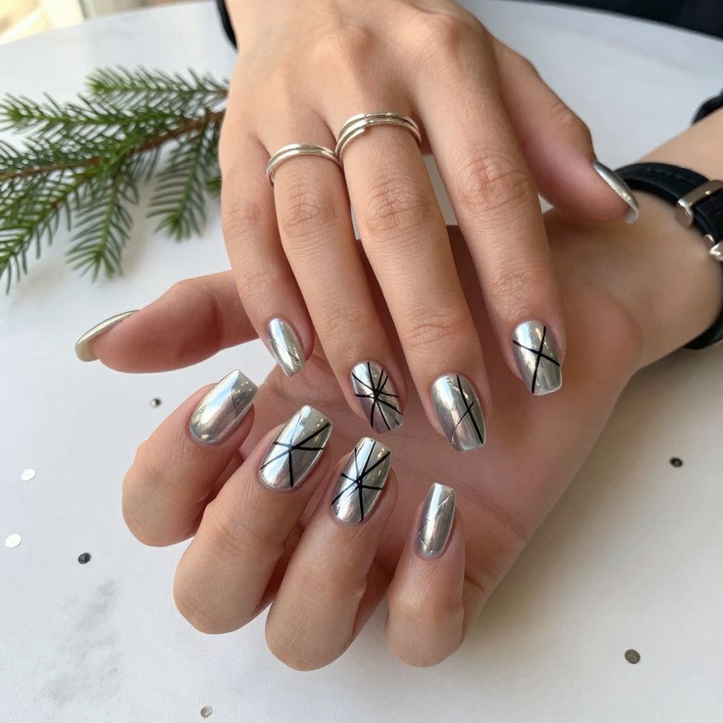 Silver Metallic with Black Linear Design