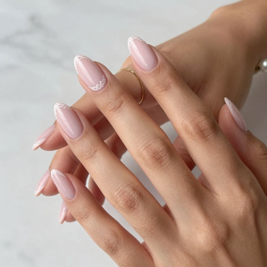 Blush nails with white lace detail