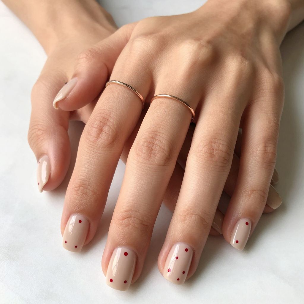 Clean nude nails with tiny red dots