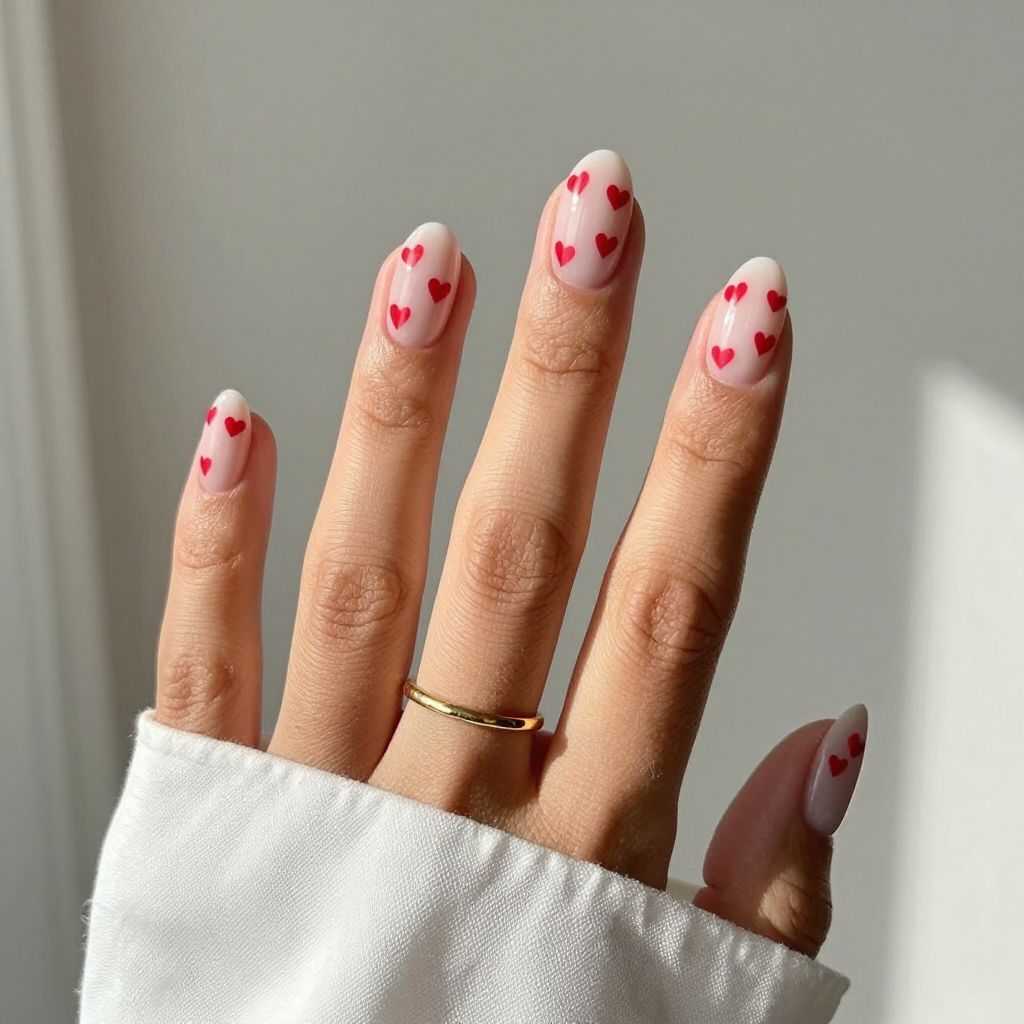 Milky white nails with tiny hearts