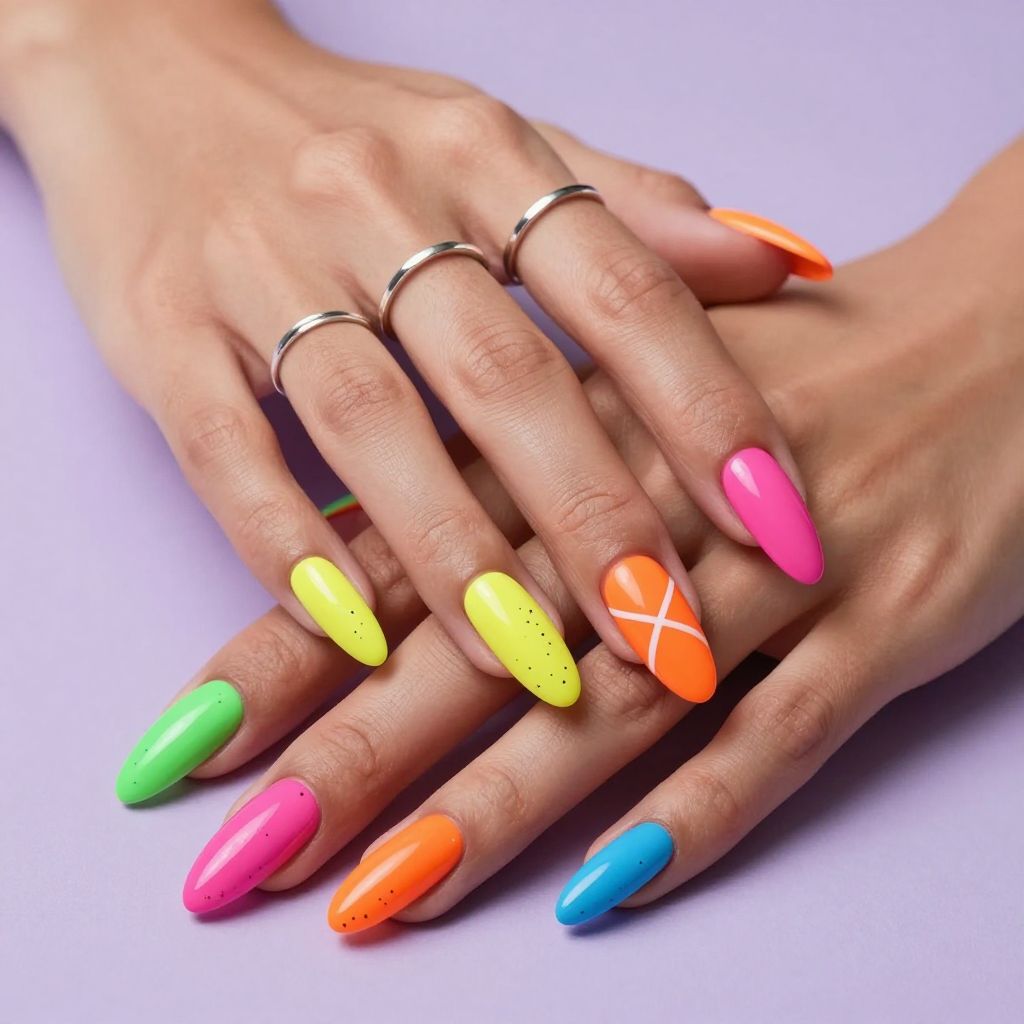 Neon spring stiletto nails with speckles