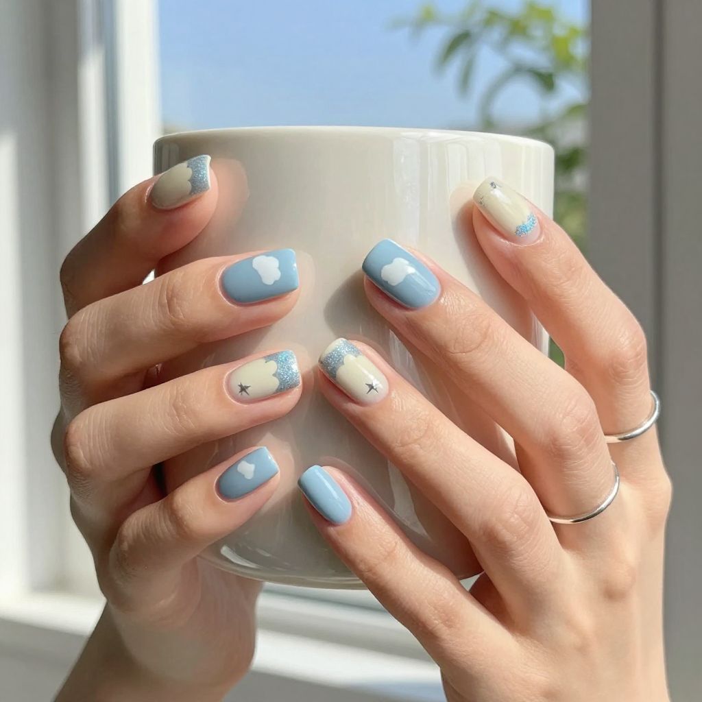 Sky blue nails with white clouds